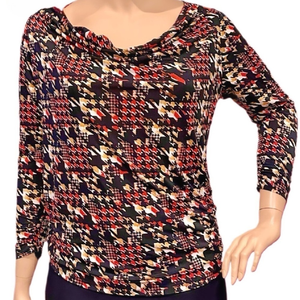 Igigi Draped Neck Top Plus Size 14/16 Red Black White Ruching Houndstooth EUC